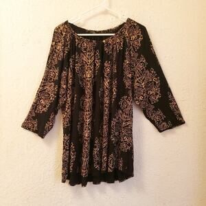 Lucky Brand Blouse 3X Keyhole Neck Black Tan Floral Paisley Print Viscose